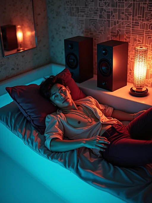 model lounging on a waterbed with velvet pillows, wearing if(gender=f){a flowing maxi dress with fringe details} if(gender=m){silk shirt open at the chest with gold chains}, surrounded by quadraphonic speakers and a reel-to-reel tape deck, abstract art and mirror tiles on walls, fiber optic lamp and black light creating ambient mood lighting