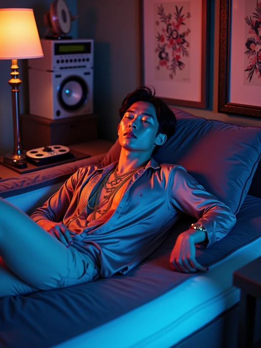 model lounging on a waterbed with velvet pillows, wearing if(gender=f){a flowing maxi dress with fringe details} if(gender=m){silk shirt open at the chest with gold chains}, surrounded by quadraphonic speakers and a reel-to-reel tape deck, abstract art and mirror tiles on walls, fiber optic lamp and black light creating ambient mood lighting