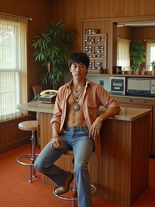 model in a 70s rec room with wood paneling and orange carpet, wearing if(gender=f){hot pants with go-go boots and a crop top} if(gender=m){polyester shirt unbuttoned with medallion necklace}, sitting at a bar area with a collection of 8-track tapes in a wooden rack, rotary phone on the counter, beaded curtains and hanging plants decorating the space