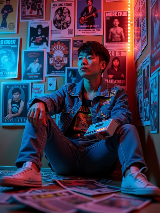 model leaning against a wall covered in concert posters and album covers, wearing if(gender=f){a peasant skirt with embroidered blouse and headband} if(gender=m){a denim jacket with patches over a band t-shirt}, holding a transistor radio with telescoping antenna, scattered Rolling Stone magazines on the floor, psychedelic blacklight posters glowing under colored lighting