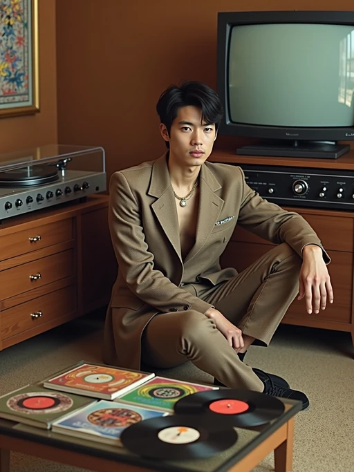 model in a 70s living room with shag carpet, wearing if(gender=f){a wrap dress with knee-high boots and fringe vest} if(gender=m){a leisure suit with wide lapels and chain necklace}, sitting next to a console stereo with built-in turntable, collection of vinyl records spread on a glass coffee table with geometric base, wood-paneled TV with dial tuner