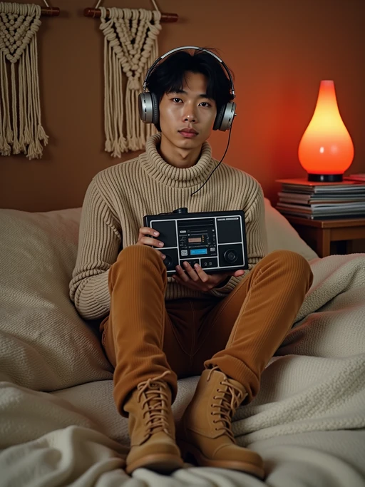 model sitting on a bed covered with macramé wall hangings and earth-tone bedding, wearing if(gender=f){a halter top with high-waisted flared jeans and wooden clogs} if(gender=m){a turtleneck sweater with corduroy pants and suede boots}, holding a portable 8-track player with large headphones, stack of vinyl albums nearby, lava lamp bubbling in the corner