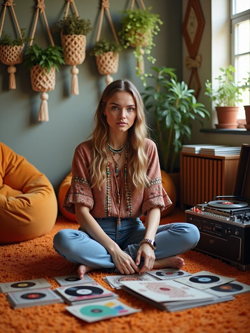 model sitting cross-legged on orange shag carpet, wearing if(gender=f){peasant blouse with bell-bottom jeans and love beads} if(gender=m){tie-dye shirt with frayed jeans and headband}, organizing a collection of vinyl LPs and 45s, portable stereo with cassette deck nearby, bean bag chairs and hanging macramé planters decorating the room