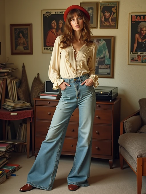 model in a typical 70s bedroom, wearing if(gender=f){a peasant blouse with wide-leg jeans and platform shoes} if(gender=m){a wide-collar shirt with bell-bottom pants and leather vest}, surrounded by scattered vinyl records and 8-track tapes, posters of 70s rock bands and disco stars on the walls, wood-grain stereo system with turntable in background