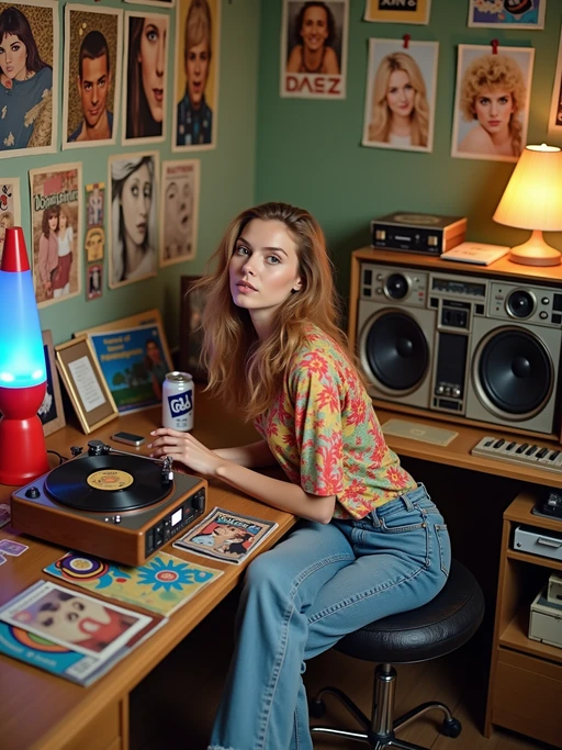 model sitting at a 70s themed desk setup. the model is dressed in 1970s fashion, wearing a colorful psychedelic shirt and bell-bottom jeans, evoking a sense of groovy nostalgia. her expression is one of curiosity and intrigue as she interacts with the old stereo system. large posters are pinned to the wall above the desk. To the right, a vintage stereo with large speakers displays a turntable. The desk is cluttered with items including vinyl records, a lava lamp, and an 8-track player. A framed photograph is placed beside a Tab cola can. Toys, like a mood ring and record albums, are scattered across the desk, along with various peace sign stickers and concert tickets. A beaded lamp illuminates the workspace, and groovy posters and album covers decorate the surrounding walls.