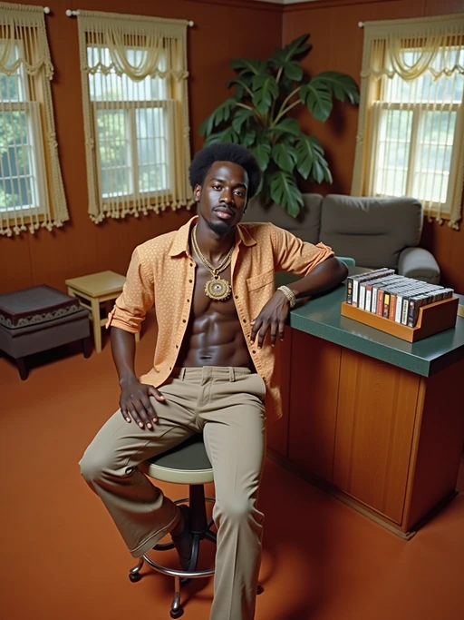 model in a 70s rec room with wood paneling and orange carpet, wearing if(gender=f){hot pants with go-go boots and a crop top} if(gender=m){polyester shirt unbuttoned with medallion necklace}, sitting at a bar area with a collection of 8-track tapes in a wooden rack, rotary phone on the counter, beaded curtains and hanging plants decorating the space