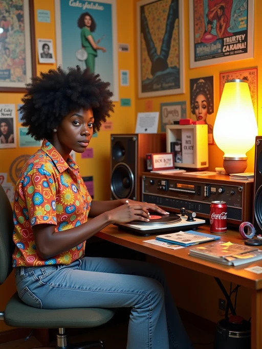 model sitting at a 70s themed desk setup. the model is dressed in 1970s fashion, wearing a colorful psychedelic shirt and bell-bottom jeans, evoking a sense of groovy nostalgia. her expression is one of curiosity and intrigue as she interacts with the old stereo system. large posters are pinned to the wall above the desk. To the right, a vintage stereo with large speakers displays a turntable. The desk is cluttered with items including vinyl records, a lava lamp, and an 8-track player. A framed photograph is placed beside a Tab cola can. Toys, like a mood ring and record albums, are scattered across the desk, along with various peace sign stickers and concert tickets. A beaded lamp illuminates the workspace, and groovy posters and album covers decorate the surrounding walls.