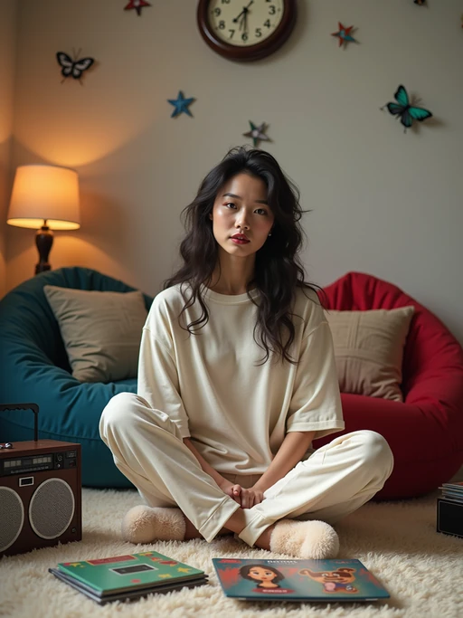 model sitting cross-legged on a fuzzy rug, wearing if(gender=f){a baby tee with pajama pants and fuzzy slippers} if(gender=m){a graphic hoodie with sweatpants}, organizing a collection of mix CDs and original albums, portable stereo with dual cassette deck nearby, inflatable chairs and metallic wall decals decorating the room