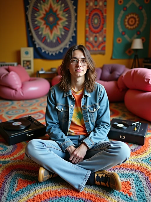 model sitting cross-legged on a colorful shag rug, wearing if(gender=f){a peasant dress with flower crown and sandals} if(gender=m){a denim jacket over tie-dye shirt with bell-bottom jeans}, organizing a collection of Beatles and Motown singles, portable record player with detachable speakers nearby, inflatable furniture and psychedelic tapestries decorating the room