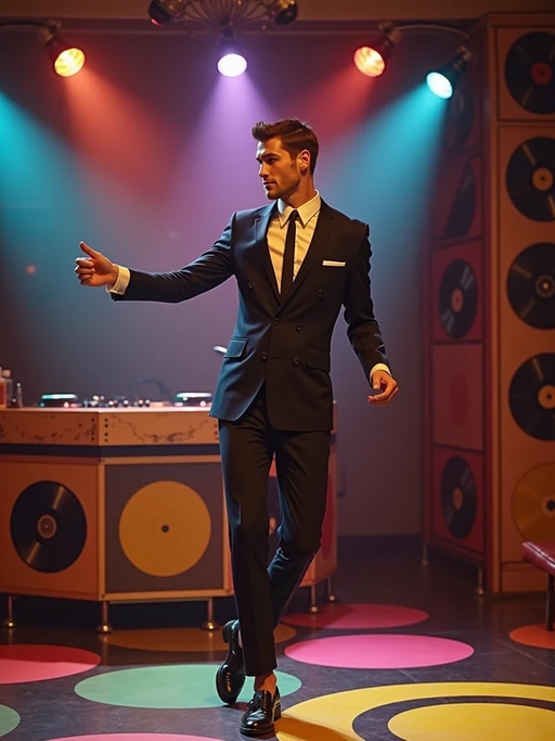 model in a typical 60s dance club, wearing if(gender=f){a silver metallic mini dress with white boots} if(gender=m){a slim-fit suit with narrow lapels and skinny tie}, dancing under colored spotlights, vinyl records displayed behind the DJ booth, mod geometric patterns on floor and walls