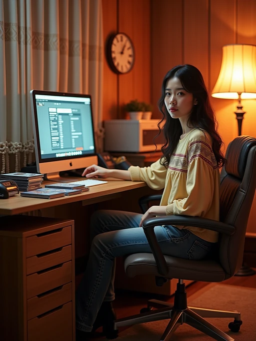 model in a 2000s basement with wood paneling, wearing if(gender=f){a peasant top with bootcut jeans and Ugg boots} if(gender=m){a band t-shirt with jeans and Converse sneakers}, sitting at a computer desk with a collection of burned CDs in spindle cases, cordless phone on the counter, beaded curtains and lava lamps decorating the space