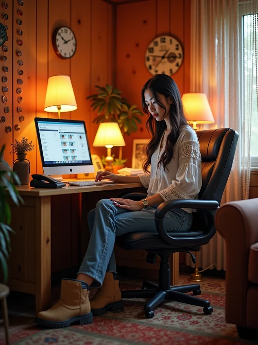 model in a 2000s basement with wood paneling, wearing if(gender=f){a peasant top with bootcut jeans and Ugg boots} if(gender=m){a band t-shirt with jeans and Converse sneakers}, sitting at a computer desk with a collection of burned CDs in spindle cases, cordless phone on the counter, beaded curtains and lava lamps decorating the space