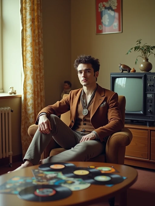 model in a 60s living room with sunken conversation pit, wearing if(gender=f){a psychedelic print caftan with headband} if(gender=m){a nehru jacket with medallion necklace}, sitting next to a hi-fi stereo console, collection of vinyl LPs spread on a kidney-shaped coffee table, black and white TV with rabbit ears antenna
