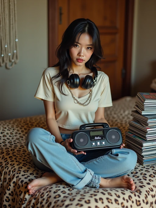 model sitting on a bed covered with inflatable furniture and leopard print bedding, wearing if(gender=f){a baby tee with ultra low-rise jeans and belly chain} if(gender=m){a graphic tee with cargo shorts and shell necklace}, holding a portable CD player with foam headphones, stack of Now CDs nearby, beaded door curtain hanging in doorway