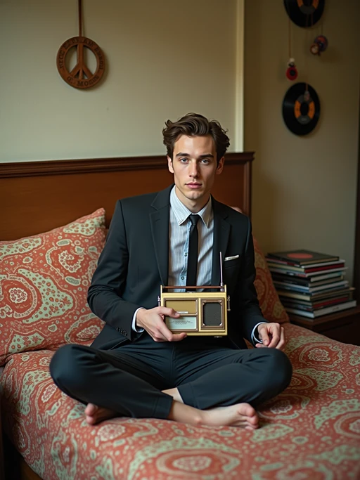 model sitting on a bed covered with paisley print bedding and throw pillows, wearing if(gender=f){a shift dress with Peter Pan collar and mary jane shoes} if(gender=m){a button-down shirt with narrow tie and mod suit jacket}, holding a transistor radio with extendable antenna, stack of 45 RPM records nearby, peace sign mobile hanging from ceiling