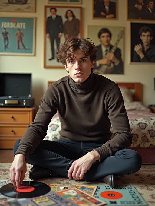 model in a typical 60s bedroom, wearing if(gender=f){a mini dress with bold geometric patterns and white go-go boots} if(gender=m){a turtleneck sweater with slim-fit pants and Chelsea boots}, surrounded by scattered vinyl singles and album covers, posters of The Beatles, Rolling Stones, and Bob Dylan on the walls, portable record player with built-in speakers in background