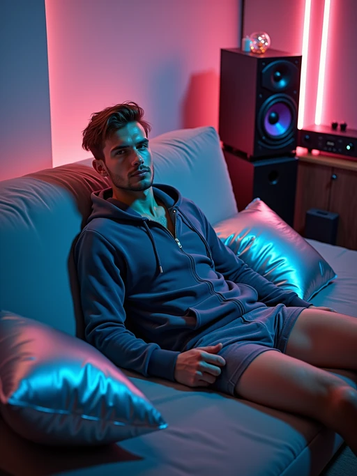 model lounging on a futon with metallic pillows, wearing if(gender=f){a cropped hoodie with yoga pants} if(gender=m){a zip-up hoodie with athletic shorts}, surrounded by tower speakers and a component stereo system, frosted glass and chrome decor on walls, plasma ball and fiber optic decorations creating ambient lighting