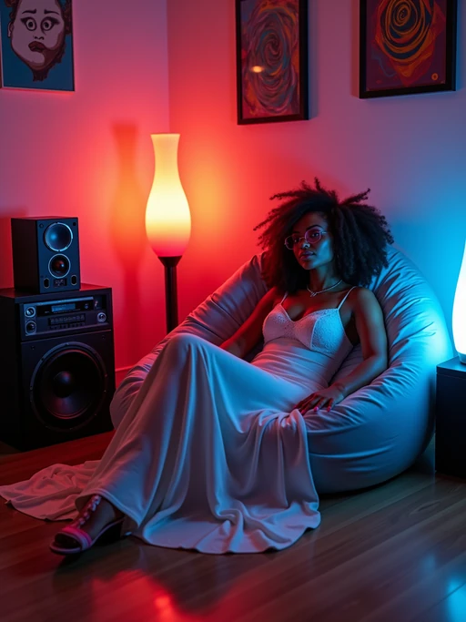 model lounging on a bean bag chair with vinyl pillows, wearing if(gender=f){a flowing maxi dress with bell sleeves} if(gender=m){a paisley shirt unbuttoned with love beads}, surrounded by floor speakers and a component stereo system, op art and Andy Warhol prints on walls, lava lamp and fiber optic lamp creating ambient mood lighting