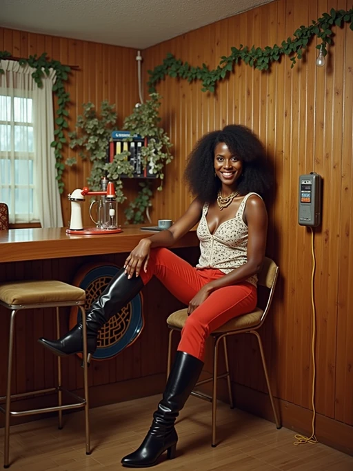 model in a 60s basement rec room with wood paneling, wearing if(gender=f){hot pants with knee-high boots and a peasant blouse} if(gender=m){a mock turtleneck with cardigan sweater}, sitting at a built-in bar with a collection of 45s in a carousel rack, wall-mounted phone with long coiled cord, beaded curtains and hanging plants decorating the space