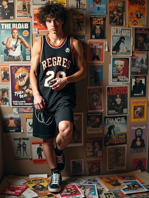 model leaning against a wall covered in teen magazine cutouts and CD inserts, wearing if(gender=f){a tube top with cargo pants and chunky sneakers} if(gender=m){an oversized jersey with baggy shorts}, holding a Walkman with tangled earbuds, scattered Tiger Beat and J-14 magazines on the floor, blacklight posters of Nu Metal bands