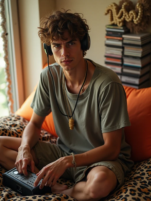 model sitting on a bed covered with inflatable furniture and leopard print bedding, wearing if(gender=f){a baby tee with ultra low-rise jeans and belly chain} if(gender=m){a graphic tee with cargo shorts and shell necklace}, holding a portable CD player with foam headphones, stack of Now CDs nearby, beaded door curtain hanging in doorway
