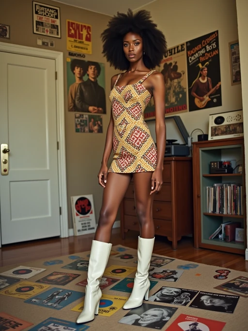model in a typical 60s bedroom, wearing if(gender=f){a mini dress with bold geometric patterns and white go-go boots} if(gender=m){a turtleneck sweater with slim-fit pants and Chelsea boots}, surrounded by scattered vinyl singles and album covers, posters of The Beatles, Rolling Stones, and Bob Dylan on the walls, portable record player with built-in speakers in background