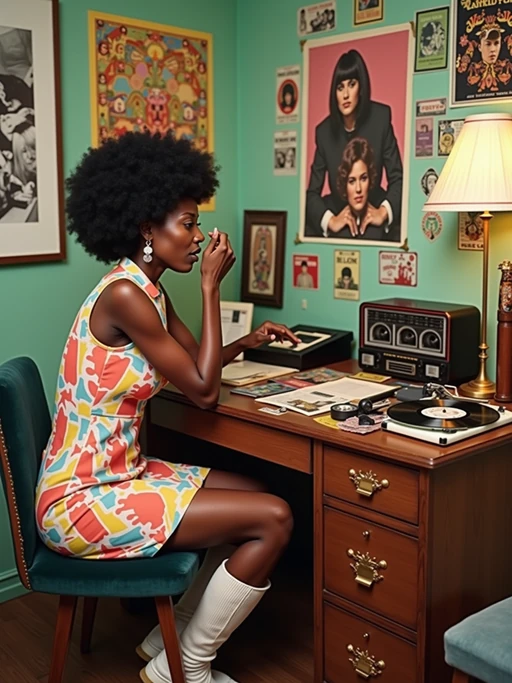 model sitting at a 60s themed desk setup. the model is dressed in 1960s fashion, wearing a colorful geometric patterned shift dress and go-go boots, evoking a sense of mod nostalgia. her expression is one of curiosity and intrigue as she interacts with the old turntable. large posters are pinned to the wall above the desk. To the right, a vintage stereo with record player displays spinning vinyl. The desk is cluttered with items including vinyl 45s, a transistor radio, and a rotary phone. A framed photograph is placed beside a Tab cola bottle. Items like peace sign jewelry and Beatles albums are scattered across the desk, along with various flower power stickers and concert tickets. A beaded lamp illuminates the workspace, and psychedelic posters and album covers decorate the surrounding walls.