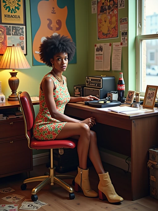 model sitting at a 60s themed desk setup. the model is dressed in 1960s fashion, wearing a colorful geometric patterned shift dress and go-go boots, evoking a sense of mod nostalgia. her expression is one of curiosity and intrigue as she interacts with the old turntable. large posters are pinned to the wall above the desk. To the right, a vintage stereo with record player displays spinning vinyl. The desk is cluttered with items including vinyl 45s, a transistor radio, and a rotary phone. A framed photograph is placed beside a Tab cola bottle. Items like peace sign jewelry and Beatles albums are scattered across the desk, along with various flower power stickers and concert tickets. A beaded lamp illuminates the workspace, and psychedelic posters and album covers decorate the surrounding walls.