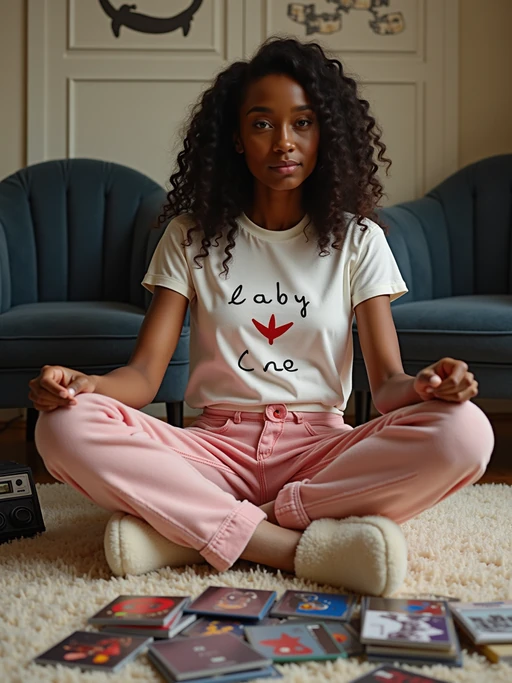 model sitting cross-legged on a fuzzy rug, wearing if(gender=f){a baby tee with pajama pants and fuzzy slippers} if(gender=m){a graphic hoodie with sweatpants}, organizing a collection of mix CDs and original albums, portable stereo with dual cassette deck nearby, inflatable chairs and metallic wall decals decorating the room