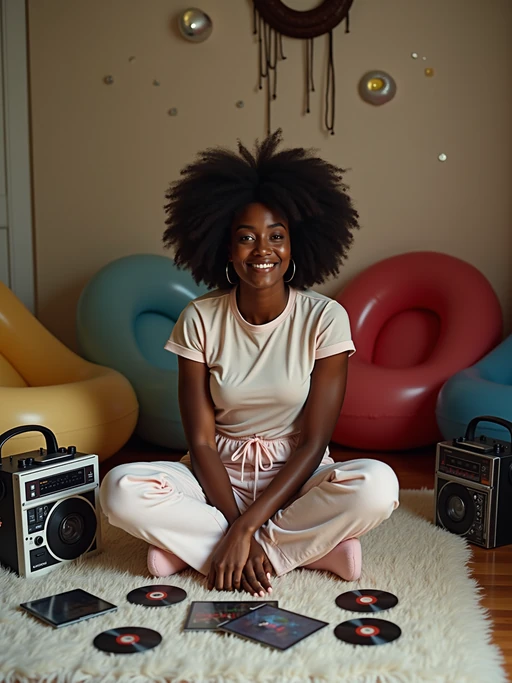model sitting cross-legged on a fuzzy rug, wearing if(gender=f){a baby tee with pajama pants and fuzzy slippers} if(gender=m){a graphic hoodie with sweatpants}, organizing a collection of mix CDs and original albums, portable stereo with dual cassette deck nearby, inflatable chairs and metallic wall decals decorating the room