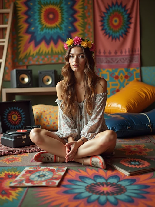 model sitting cross-legged on a colorful shag rug, wearing if(gender=f){a peasant dress with flower crown and sandals} if(gender=m){a denim jacket over tie-dye shirt with bell-bottom jeans}, organizing a collection of Beatles and Motown singles, portable record player with detachable speakers nearby, inflatable furniture and psychedelic tapestries decorating the room