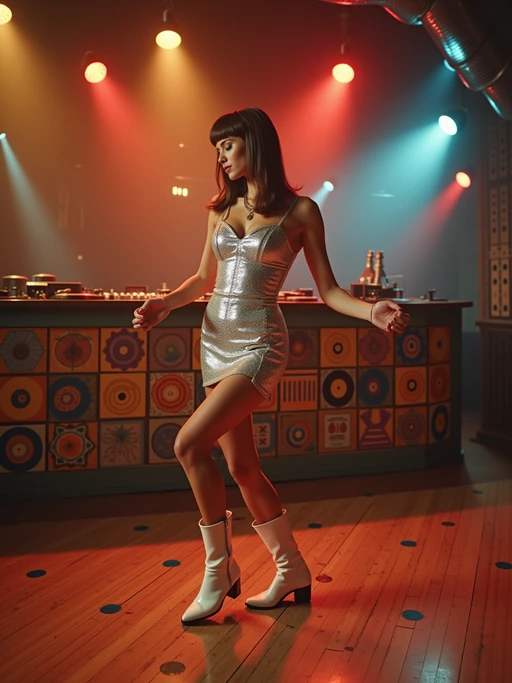 model in a typical 60s dance club, wearing if(gender=f){a silver metallic mini dress with white boots} if(gender=m){a slim-fit suit with narrow lapels and skinny tie}, dancing under colored spotlights, vinyl records displayed behind the DJ booth, mod geometric patterns on floor and walls