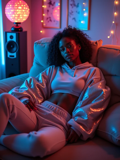 model lounging on a futon with metallic pillows, wearing if(gender=f){a cropped hoodie with yoga pants} if(gender=m){a zip-up hoodie with athletic shorts}, surrounded by tower speakers and a component stereo system, frosted glass and chrome decor on walls, plasma ball and fiber optic decorations creating ambient lighting