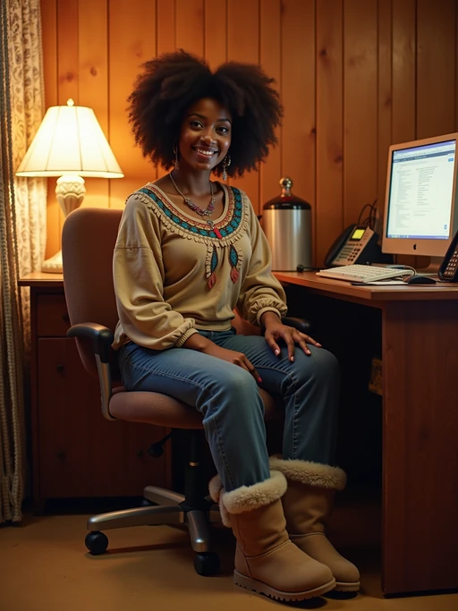 model in a 2000s basement with wood paneling, wearing if(gender=f){a peasant top with bootcut jeans and Ugg boots} if(gender=m){a band t-shirt with jeans and Converse sneakers}, sitting at a computer desk with a collection of burned CDs in spindle cases, cordless phone on the counter, beaded curtains and lava lamps decorating the space