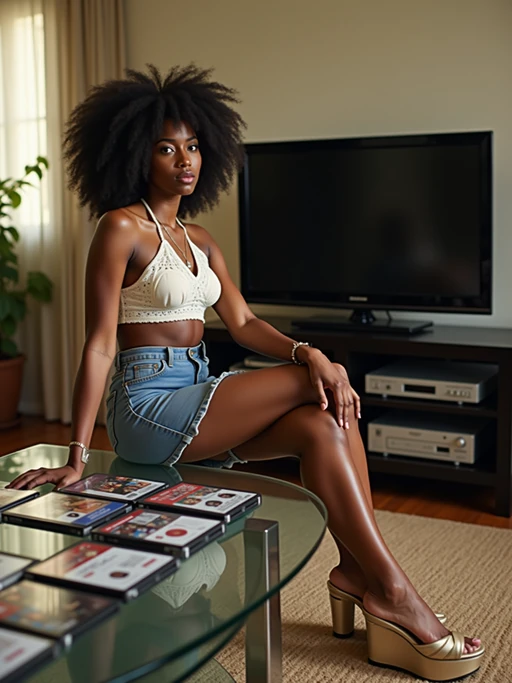 model in a 2000s living room with glass coffee table, wearing if(gender=f){a halter top with denim mini skirt and platform sandals} if(gender=m){a polo shirt with backwards baseball cap}, sitting next to a entertainment center with DVD player, collection of DVDs spread on the table, big-screen TV with VHS player underneath