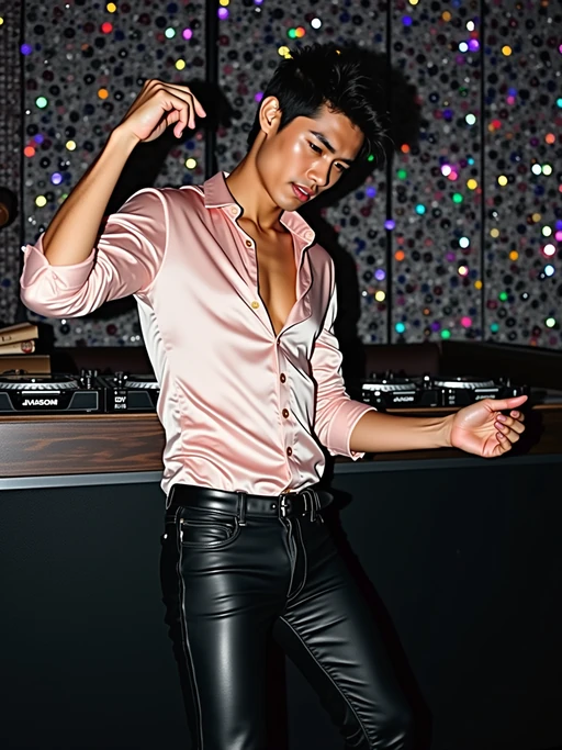 model in a typical 2000s club, wearing if(gender=f){a metallic halter dress with platform boots} if(gender=m){a silk shirt with leather pants}, dancing under strobe lights, CDs displayed behind the DJ booth with dual CD players, metallic and holographic decorations on walls