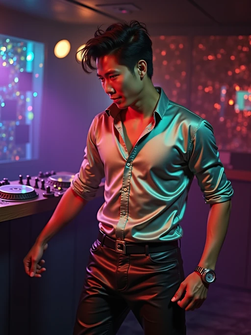 model in a typical 2000s club, wearing if(gender=f){a metallic halter dress with platform boots} if(gender=m){a silk shirt with leather pants}, dancing under strobe lights, CDs displayed behind the DJ booth with dual CD players, metallic and holographic decorations on walls