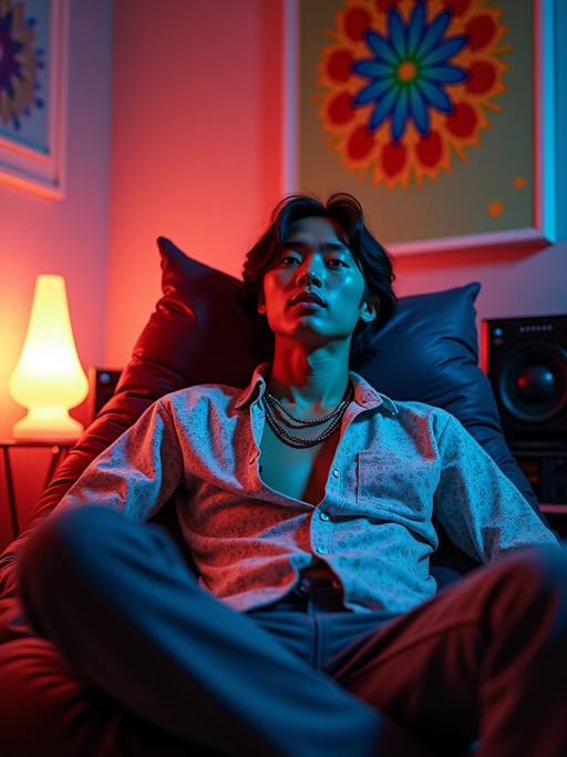 model lounging on a bean bag chair with vinyl pillows, wearing if(gender=f){a flowing maxi dress with bell sleeves} if(gender=m){a paisley shirt unbuttoned with love beads}, surrounded by floor speakers and a component stereo system, op art and Andy Warhol prints on walls, lava lamp and fiber optic lamp creating ambient mood lighting