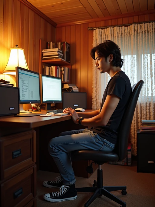 model in a 2000s basement with wood paneling, wearing if(gender=f){a peasant top with bootcut jeans and Ugg boots} if(gender=m){a band t-shirt with jeans and Converse sneakers}, sitting at a computer desk with a collection of burned CDs in spindle cases, cordless phone on the counter, beaded curtains and lava lamps decorating the space