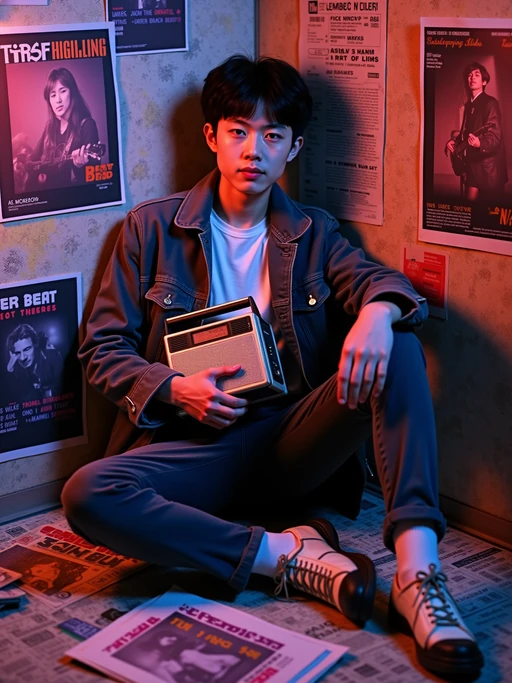 model leaning against a wall covered in concert posters and album artwork, wearing if(gender=f){a mod mini skirt with striped tights and ballet flats} if(gender=m){a collarless Beatles-style jacket over a white shirt}, holding a portable AM radio, scattered 16 Magazine and Tiger Beat publications on the floor, blacklight posters glowing under colored bulbs