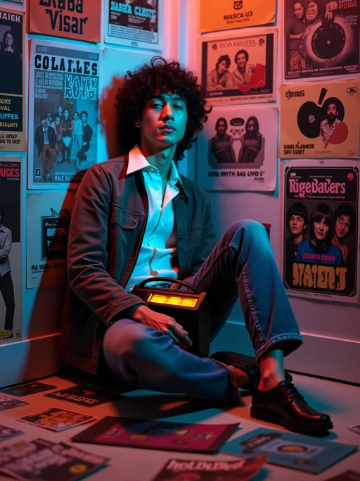 model leaning against a wall covered in concert posters and album artwork, wearing if(gender=f){a mod mini skirt with striped tights and ballet flats} if(gender=m){a collarless Beatles-style jacket over a white shirt}, holding a portable AM radio, scattered 16 Magazine and Tiger Beat publications on the floor, blacklight posters glowing under colored bulbs