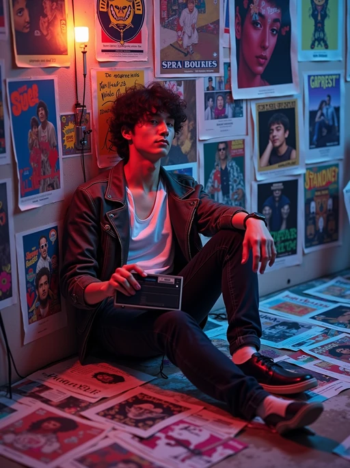 model leaning against a wall covered in concert posters and album artwork, wearing if(gender=f){a mod mini skirt with striped tights and ballet flats} if(gender=m){a collarless Beatles-style jacket over a white shirt}, holding a portable AM radio, scattered 16 Magazine and Tiger Beat publications on the floor, blacklight posters glowing under colored bulbs