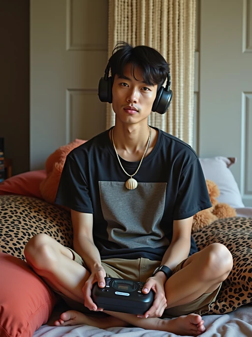 model sitting on a bed covered with inflatable furniture and leopard print bedding, wearing if(gender=f){a baby tee with ultra low-rise jeans and belly chain} if(gender=m){a graphic tee with cargo shorts and shell necklace}, holding a portable CD player with foam headphones, stack of Now CDs nearby, beaded door curtain hanging in doorway