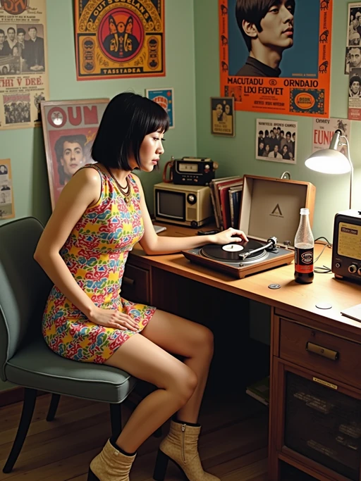 model sitting at a 60s themed desk setup. the model is dressed in 1960s fashion, wearing a colorful geometric patterned shift dress and go-go boots, evoking a sense of mod nostalgia. her expression is one of curiosity and intrigue as she interacts with the old turntable. large posters are pinned to the wall above the desk. To the right, a vintage stereo with record player displays spinning vinyl. The desk is cluttered with items including vinyl 45s, a transistor radio, and a rotary phone. A framed photograph is placed beside a Tab cola bottle. Items like peace sign jewelry and Beatles albums are scattered across the desk, along with various flower power stickers and concert tickets. A beaded lamp illuminates the workspace, and psychedelic posters and album covers decorate the surrounding walls.