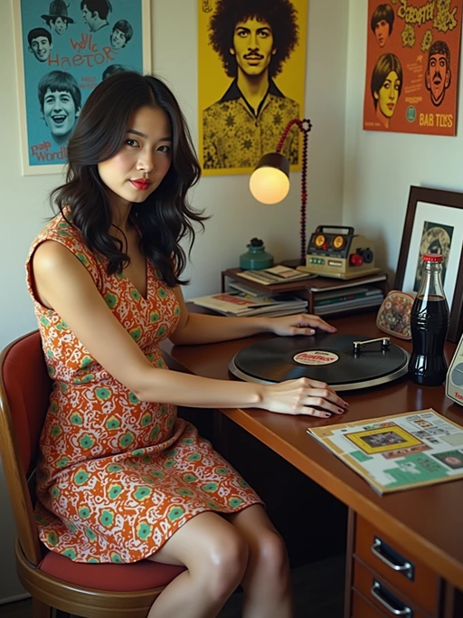 model sitting at a 60s themed desk setup. the model is dressed in 1960s fashion, wearing a colorful geometric patterned shift dress and go-go boots, evoking a sense of mod nostalgia. her expression is one of curiosity and intrigue as she interacts with the old turntable. large posters are pinned to the wall above the desk. To the right, a vintage stereo with record player displays spinning vinyl. The desk is cluttered with items including vinyl 45s, a transistor radio, and a rotary phone. A framed photograph is placed beside a Tab cola bottle. Items like peace sign jewelry and Beatles albums are scattered across the desk, along with various flower power stickers and concert tickets. A beaded lamp illuminates the workspace, and psychedelic posters and album covers decorate the surrounding walls.