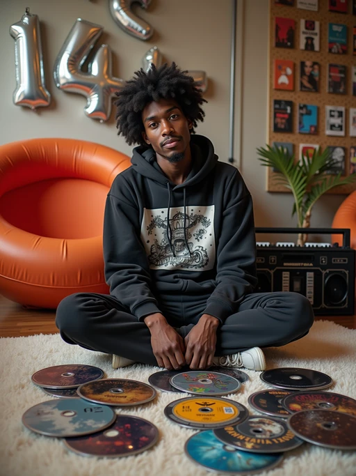 model sitting cross-legged on a fuzzy rug, wearing if(gender=f){a baby tee with pajama pants and fuzzy slippers} if(gender=m){a graphic hoodie with sweatpants}, organizing a collection of mix CDs and original albums, portable stereo with dual cassette deck nearby, inflatable chairs and metallic wall decals decorating the room
