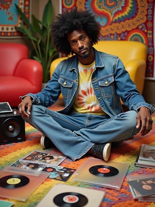 model sitting cross-legged on a colorful shag rug, wearing if(gender=f){a peasant dress with flower crown and sandals} if(gender=m){a denim jacket over tie-dye shirt with bell-bottom jeans}, organizing a collection of Beatles and Motown singles, portable record player with detachable speakers nearby, inflatable furniture and psychedelic tapestries decorating the room