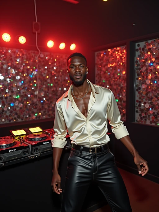 model in a typical 2000s club, wearing if(gender=f){a metallic halter dress with platform boots} if(gender=m){a silk shirt with leather pants}, dancing under strobe lights, CDs displayed behind the DJ booth with dual CD players, metallic and holographic decorations on walls
