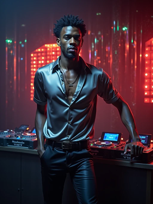 model in a typical 2000s club, wearing if(gender=f){a metallic halter dress with platform boots} if(gender=m){a silk shirt with leather pants}, dancing under strobe lights, CDs displayed behind the DJ booth with dual CD players, metallic and holographic decorations on walls