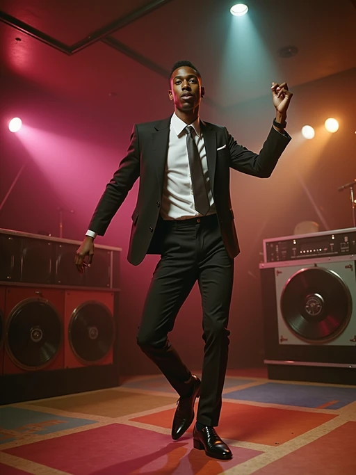model in a typical 60s dance club, wearing if(gender=f){a silver metallic mini dress with white boots} if(gender=m){a slim-fit suit with narrow lapels and skinny tie}, dancing under colored spotlights, vinyl records displayed behind the DJ booth, mod geometric patterns on floor and walls
